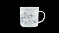 Enamel camping mug with minimalist mountain and forest landscape design, isolated on transparent background, ready for sublimation, print-on-demand, and merchandise applications.