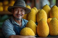 Asian male farmer smiling while displaying fresh jackfruits at local market stall. Wearing traditional hat and denim apron, surrounded by large yellow tropical fruits.