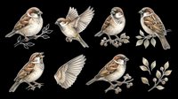Sparrow bird clipart set with six poses and botanical branches, isolated on transparent background, ready for stickers, t-shirt design, and print on demand.