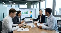 Business team analyzing financial data and charts during corporate meeting in modern glass office conference room.