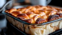 Baked custard dessert with caramelized top in glass baking dish, ready for serving or food photography, bakery, and culinary content.