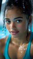 Young athletic woman with wet hair and water droplets after intense workout or swimming session in turquoise sportswear with natural glowing skin.