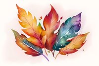Vibrant autumn leaves in gradient colors from orange to blue create artistic composition on light background. Decorative botanical illustration for seasonal design.