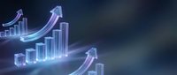 Glowing blue bar charts with upward arrows showing business growth and financial success on dark background for presentations and reports.