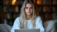 Young blonde woman in white sweater working on laptop at home library setting with soft lighting and cozy atmosphere, casual lifestyle portrait.