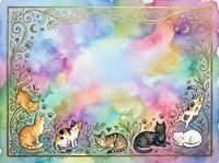 Watercolor cats border frame with rainbow pastel background, gold floral ornament, moon and stars, cute kittens sitting around decorative card.