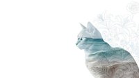 Cat silhouette with double exposure ocean waves and tropical palm leaves on white background for creative design projects.