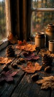 Cozy autumn still life with maple leaves, acorns and pine cones on rustic wooden windowsill with ceramic pottery jars creating warm seasonal home decor atmosphere.