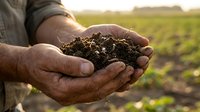 Farmer hands holding rich dark soil in agricultural field during golden hour sunrise, showcasing fertile earth for sustainable farming and crop cultivation.