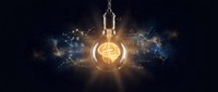 Glowing brain lightbulb with neural network connections and digital particles on dark background representing innovation and creative thinking.