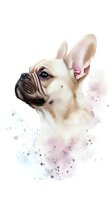 Watercolor portrait of cream French Bulldog puppy with large ears and wrinkled face against white background with soft purple and blue splatter effects.