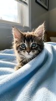 Adorable tabby kitten with bright blue eyes wrapped in soft blue blanket at home, cozy domestic pet portrait for animal lovers and veterinary care.