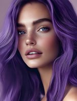 Young woman with vibrant purple hair and striking blue eyes in beauty portrait. Soft lighting enhances glowing skin and natural makeup for cosmetic and fashion advertising.