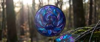 Stained glass lotus flower suncatcher hanging in forest with sunlight creating colorful reflections on moss-covered log, meditation and spiritual decor.
