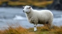 White sheep standing on autumn hillside with soft wool coat against blurred natural background, side view portrait showing full body in natural habitat.