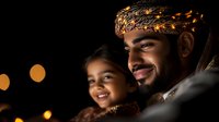 Middle Eastern father and daughter share joyful moment together against dark background with warm bokeh lights, wearing traditional headwear, creating intimate family portrait.