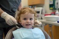 Young child with curly hair smiling during dental examination, wearing light blue bib in modern dentist office with medical professional in protective gloves visible.