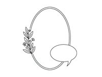 Elegant oval frame with delicate botanical branch and speech bubble in minimalist line art style for wedding invitations and greeting cards.
