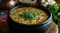 Hearty vegetable soup with lentils and fresh herbs in rustic stone bowl, garnished with chopped parsley on wooden table with ingredients in background.