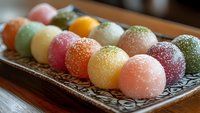 Colorful assorted fruit jelly candies covered in sugar crystals arranged on decorative metal tray for sweet treats and confectionery displays.