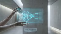 Hands interacting with holographic neural network interface displaying digital brain connections and data visualization in futuristic technology environment.