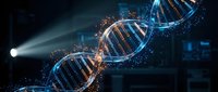 DNA double helix structure glowing with blue and orange light particles on dark background. Genetic research, biotechnology, and science education concept for medical and laboratory applications.