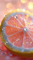 Fresh grapefruit slice with water drops and sparkling bokeh lights in soft pink and golden tones, macro photography showing juicy citrus texture.