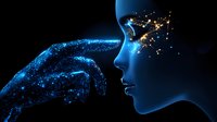 Glowing blue silhouette of female face with magical sparkle hand reaching towards it against black background, representing artificial intelligence and human connection.