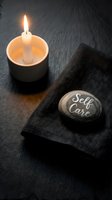 Self care stone with handwritten text resting on linen cloth beside a glowing candle on dark slate surface, evoking calm wellness ritual.
