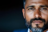 Close up portrait of confident middle-aged South Asian man with beard and gentle smile against dark background, expressing wisdom and authenticity.