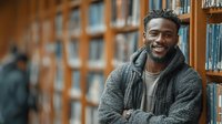 Smiling African American male student with backpack standing in university library surrounded by wooden bookshelves, academic learning environment.