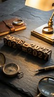 Vintage wooden number blocks displaying 2027 surrounded by antique brass compass, magnifying glass, leather journal and warm lamp light on dark slate surface.