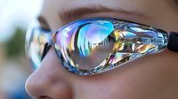 Futuristic protective eyewear with iridescent rainbow reflections and crystal-clear lens detail shown in macro close-up view against blurred background.