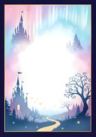 Fairy tale castle silhouette with glowing path, aurora sky, and copy space for kids party invitations, posters, and greeting cards.