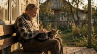 Senior Caucasian man in plaid shirt relaxing on wooden porch with tabby cat during golden hour sunset, peaceful retirement lifestyle moment.