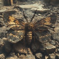 Detailed macro shot of brown and gold moth with spread wings on dark textured ground, dramatic lighting highlights intricate wing patterns and textures.