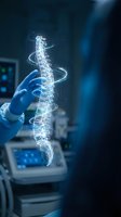 Doctor examining holographic spine projection in modern medical facility for orthopedic diagnosis and treatment planning.