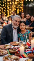 Happy Hispanic grandfather and granddaughter celebrating at festive dinner with traditional food and warm bokeh lights creating joyful family atmosphere.