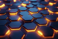 Futuristic hexagonal pattern with glowing orange edges on dark blue metallic surface, creating a high-tech honeycomb structure for technology backgrounds.