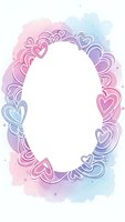 Watercolor heart frame with pastel pink purple blue gradient background and white oval space for text or photo design element.