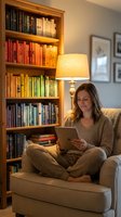 Woman reading tablet in cozy home library with colorful rainbow organized bookshelf and warm lamp lighting for relaxation and learning.