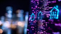 Programming code on dark background with neon purple and blue bokeh lights creating modern tech atmosphere. For software development presentations.
