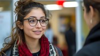 Young professional woman with glasses and red scarf smiling during business meeting in modern office environment for corporate communication concepts.