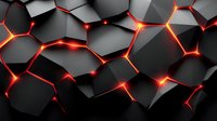 Abstract hexagonal geometric pattern with glowing red-orange light between dark metallic segments creating dramatic technological background effect.