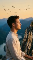 Young man with dark hair and Caucasian ethnicity standing on rocky cliff edge at sunset, gazing toward distant mountains and river valley below with birds flying overhead. Suitable for travel, lifestyle, inspiration, and outdoor adventure concepts.