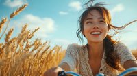 Young Asian woman with radiant smile riding bicycle through golden wheat field at sunset, wind blowing through hair, wearing white lace dress, carefree summer moment.