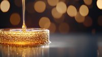 Golden honey dripping onto surface with bokeh lights background, creating luxurious food composition with amber liquid stream and crystalline texture.