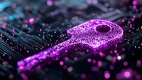 Glowing purple key on circuit board with bokeh light effects creates futuristic cybersecurity concept, digital data protection metaphor on dark background.