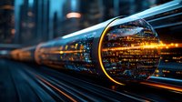 Glowing digital data stream flowing through transparent tube with binary code and network connections against dark urban background. Modern technology concept.