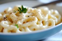 Creamy macaroni and cheese pasta in blue bowl garnished with fresh parsley and black pepper, selective focus on tender elbow noodles in rich sauce.